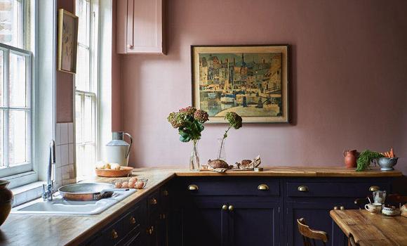 pink and navy blue kitchen
